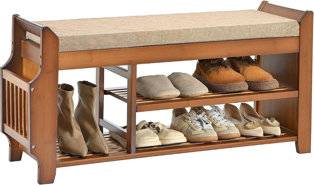🏡 Rustic Bamboo Entryway Shoe Bench | 2-Tier Shoe Storage with Hidden Drawer & Soft Cushion 🌿✨