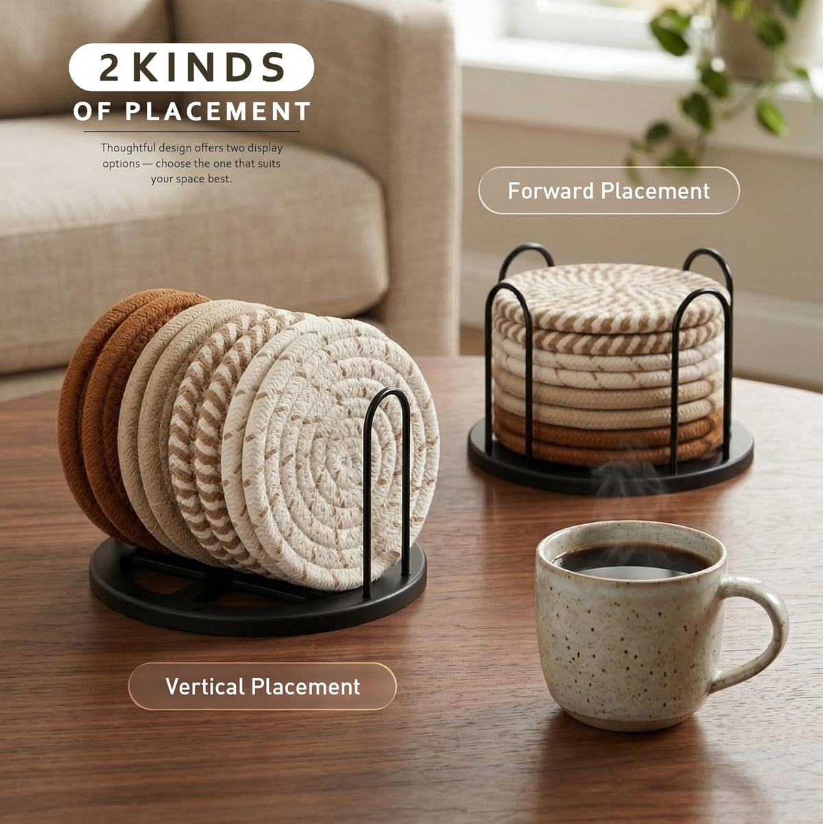 ☕ Cozy Cotton Linen Drink Coasters Set of 8 | Absorbent Non-Slip Table Protectors with Holder for Coffee Table, Kitchen & Home Bar ✨