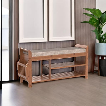 🏡 Rustic Bamboo Entryway Shoe Bench | 2-Tier Shoe Storage with Hidden Drawer & Soft Cushion 🌿✨