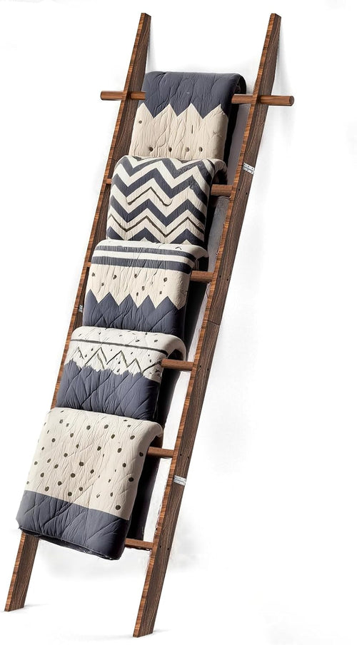 🪵 Rustic 6-Tier Wooden Blanket Ladder with 5 Removable Hooks | Farmhouse Towel, Quilt & Throw Display Rack for Cozy Home Decor 🌿