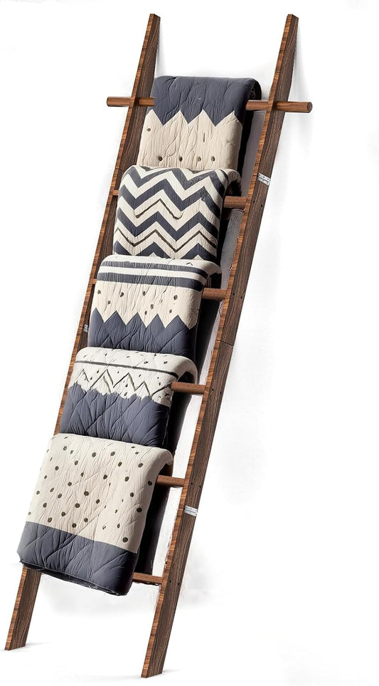 🪵 Rustic 6-Tier Wooden Blanket Ladder with 5 Removable Hooks | Farmhouse Towel, Quilt & Throw Display Rack for Cozy Home Decor 🌿