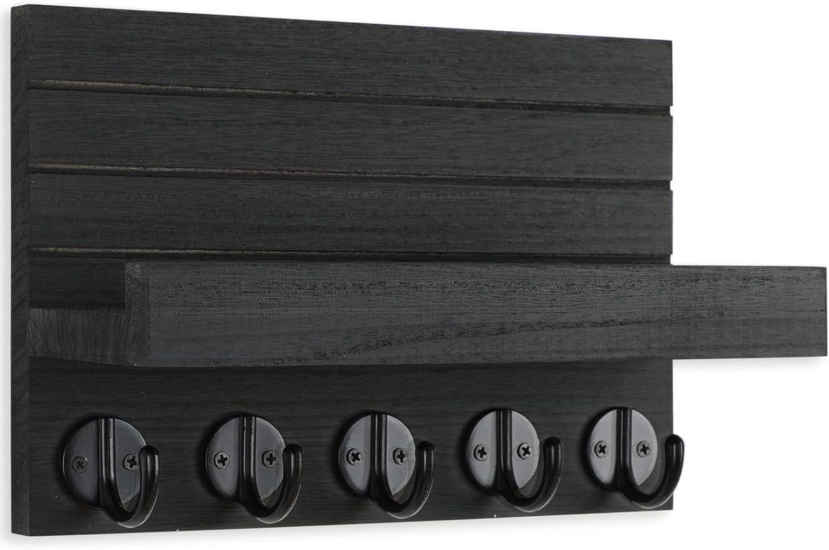 🗝️ Rustic Wood Wall Key & Mail Organizer with Shelf | 5-Hook Entryway Storage Rack for Keys, Bags & Coats 🌿