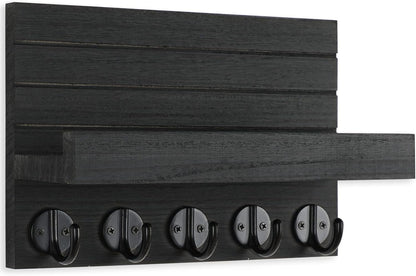 🗝️ Rustic Wood Wall Key & Mail Organizer with Shelf | 5-Hook Entryway Storage Rack for Keys, Bags & Coats 🌿