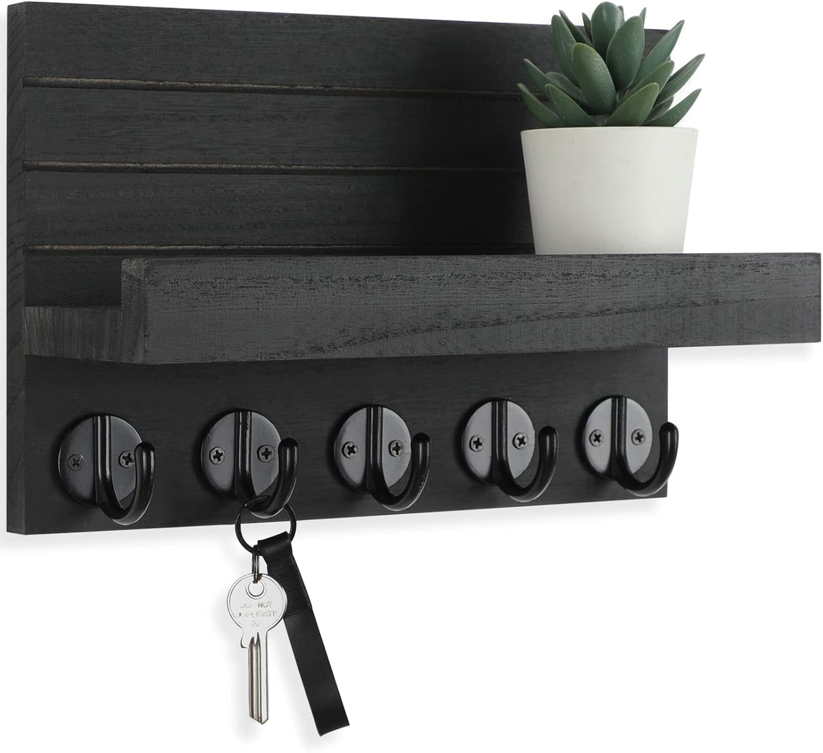 🗝️ Rustic Wood Wall Key & Mail Organizer with Shelf | 5-Hook Entryway Storage Rack for Keys, Bags & Coats 🌿