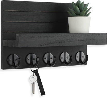 🗝️ Rustic Wood Wall Key & Mail Organizer with Shelf | 5-Hook Entryway Storage Rack for Keys, Bags & Coats 🌿