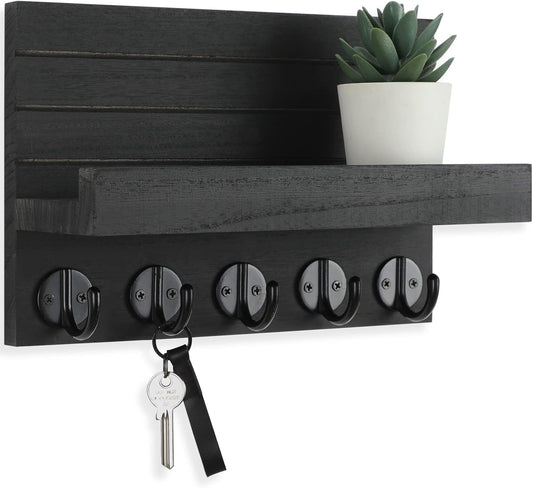 🗝️ Rustic Wood Wall Key & Mail Organizer with Shelf | 5-Hook Entryway Storage Rack for Keys, Bags & Coats 🌿