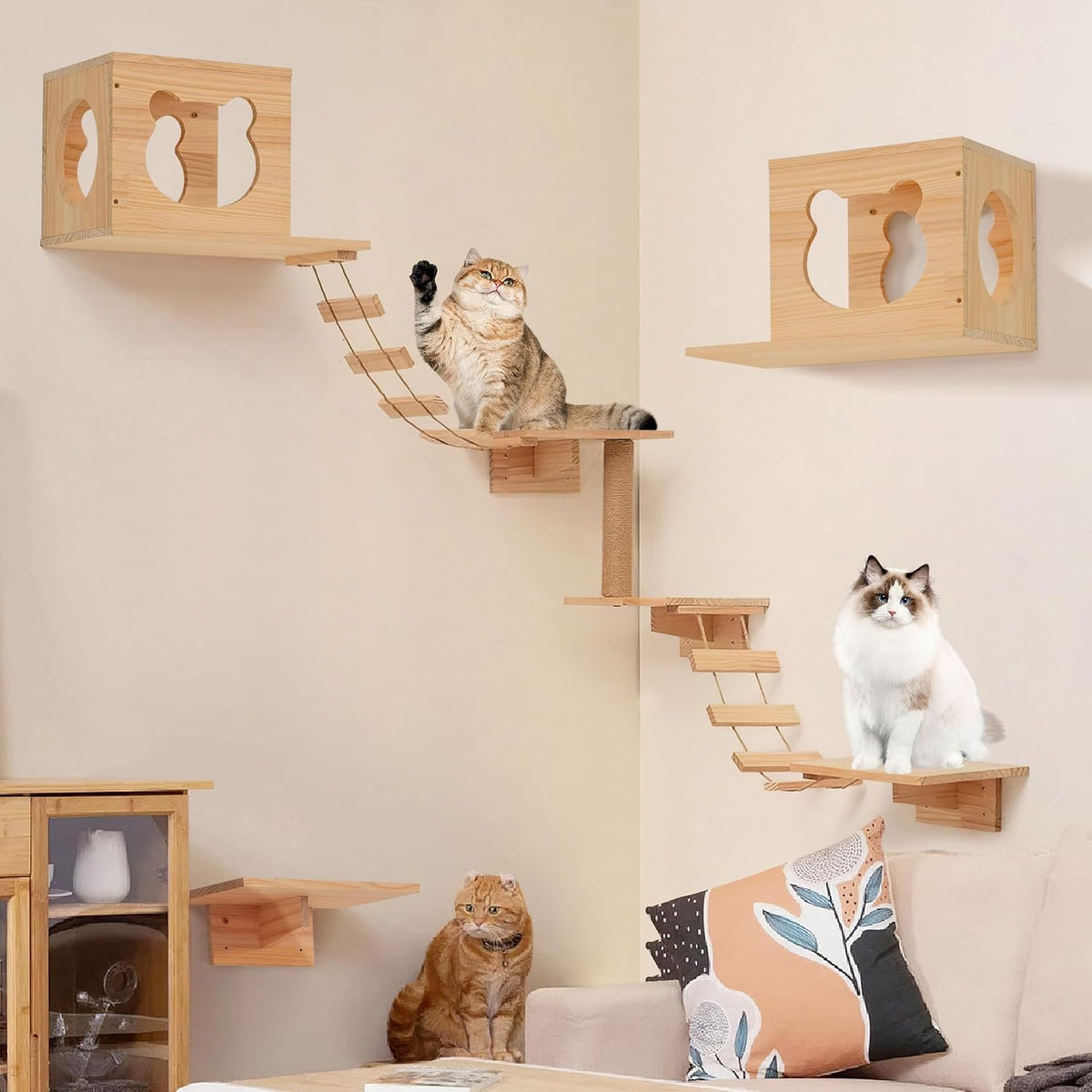 🐱 Natural Wood Cat Wall Furniture | DIY Climbing Shelves, Condo, Ladder & Scratching Post 🌿🏡