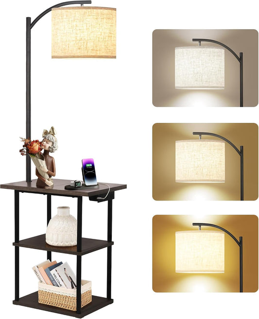 ✨ Modern Floor Lamp with Side Table & Charging Station | 3-Color LED Light, USB & Type-C Ports, Storage Shelves 🏡