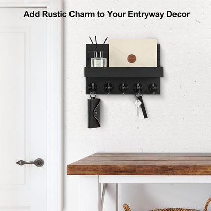 🗝️ Rustic Wood Wall Key & Mail Organizer with Shelf | 5-Hook Entryway Storage Rack for Keys, Bags & Coats 🌿