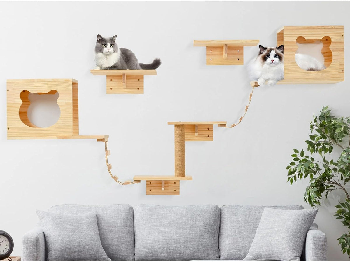 🐱 Natural Wood Cat Wall Furniture | DIY Climbing Shelves, Condo, Ladder & Scratching Post 🌿🏡