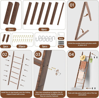 🪵 Rustic 6-Tier Wooden Blanket Ladder with 5 Removable Hooks | Farmhouse Towel, Quilt & Throw Display Rack for Cozy Home Decor 🌿