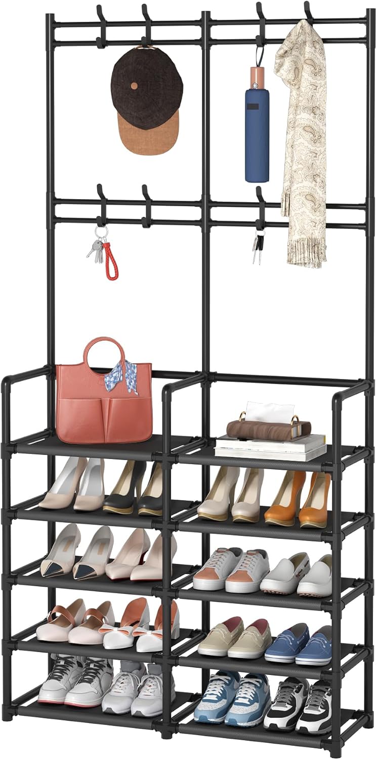 🏡 5-Tier Entryway Coat & Shoe Rack with 8 Hooks | Space-Saving Hall Tree Organizer for Shoes, Bags & Coats ✨