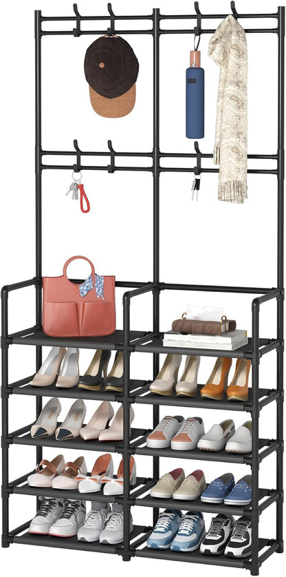 🏡 5-Tier Entryway Coat & Shoe Rack with 8 Hooks | Space-Saving Hall Tree Organizer for Shoes, Bags & Coats ✨