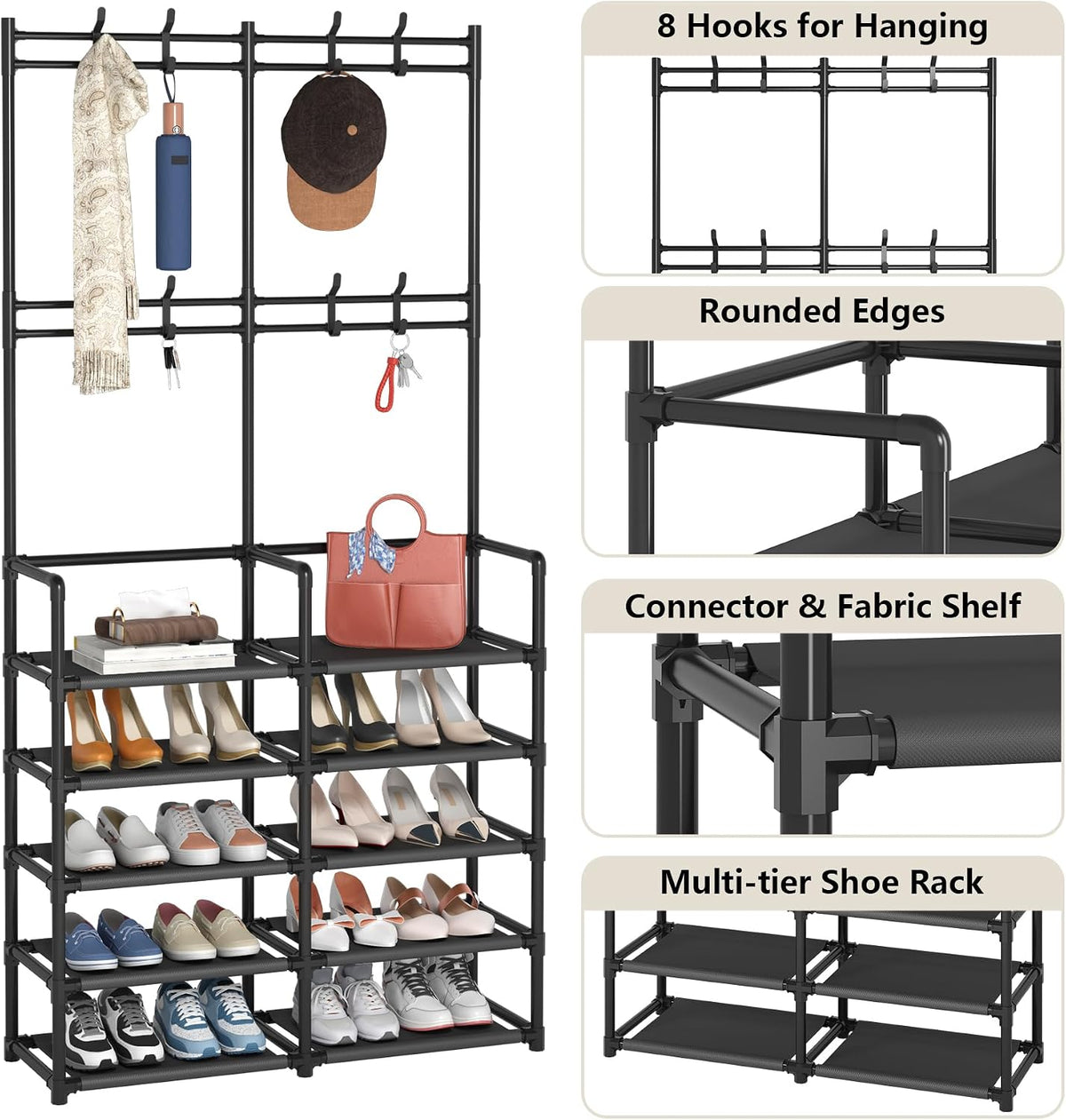 🏡 5-Tier Entryway Coat & Shoe Rack with 8 Hooks | Space-Saving Hall Tree Organizer for Shoes, Bags & Coats ✨
