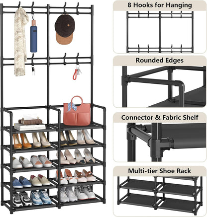 🏡 5-Tier Entryway Coat & Shoe Rack with 8 Hooks | Space-Saving Hall Tree Organizer for Shoes, Bags & Coats ✨