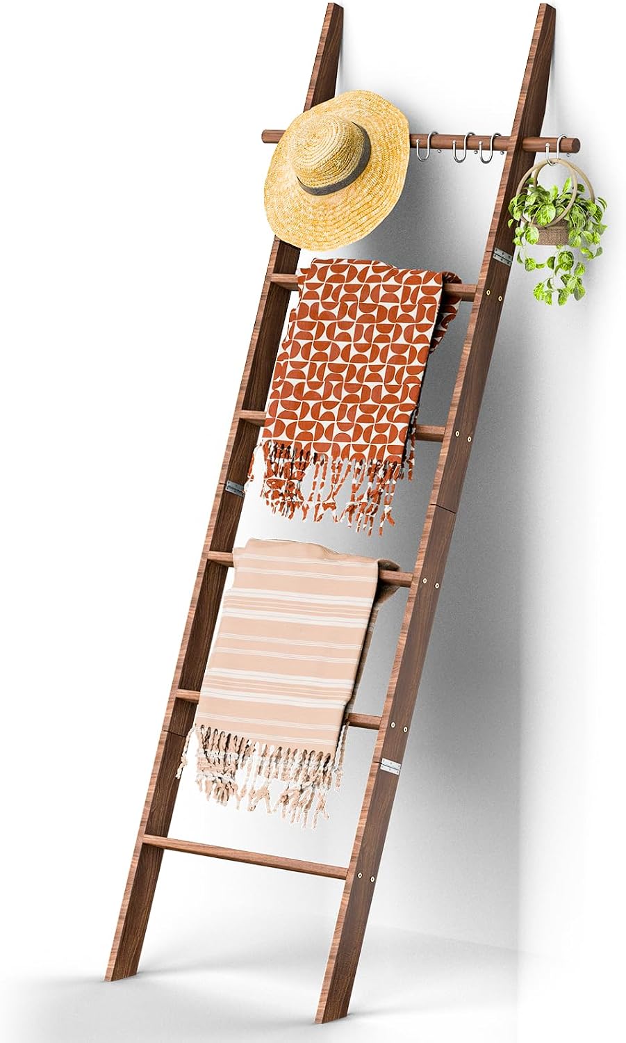 🪵 Rustic 6-Tier Wooden Blanket Ladder with 5 Removable Hooks | Farmhouse Towel, Quilt & Throw Display Rack for Cozy Home Decor 🌿
