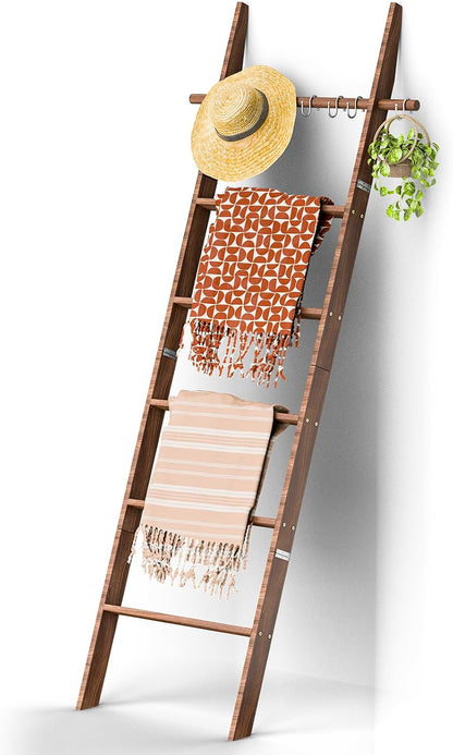 🪵 Rustic 6-Tier Wooden Blanket Ladder with 5 Removable Hooks | Farmhouse Towel, Quilt & Throw Display Rack for Cozy Home Decor 🌿