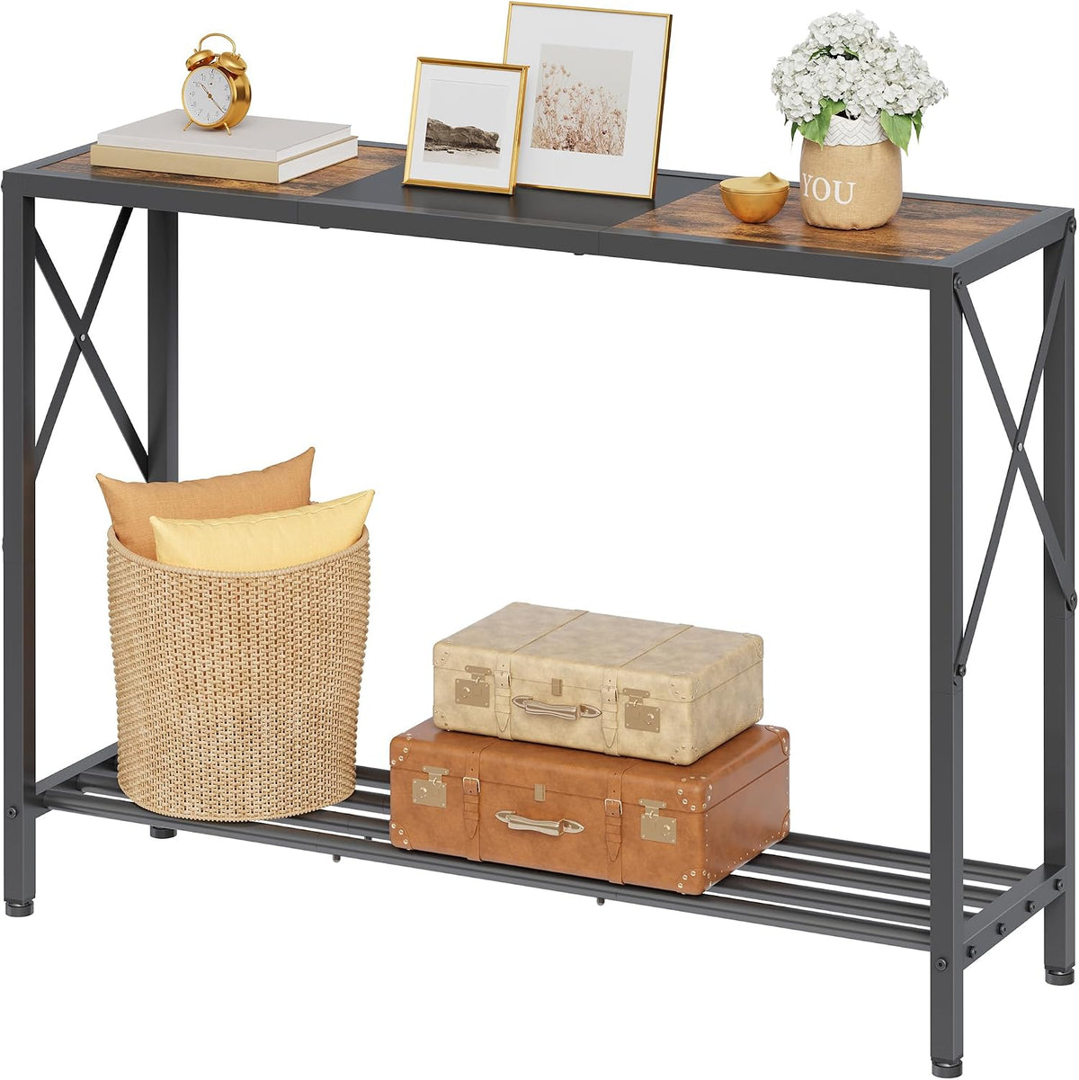 ✨ Rustic Industrial Console Table | 2-Tier Narrow Entryway & Sofa Table with Shelves 🏡