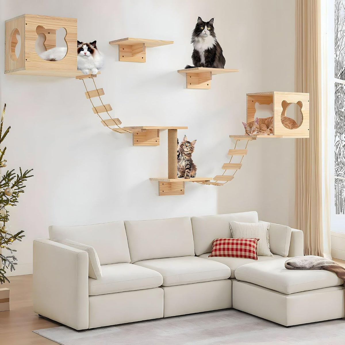 🐱 Natural Wood Cat Wall Furniture | DIY Climbing Shelves, Condo, Ladder & Scratching Post 🌿🏡