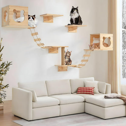🐱 Natural Wood Cat Wall Furniture | DIY Climbing Shelves, Condo, Ladder & Scratching Post 🌿🏡