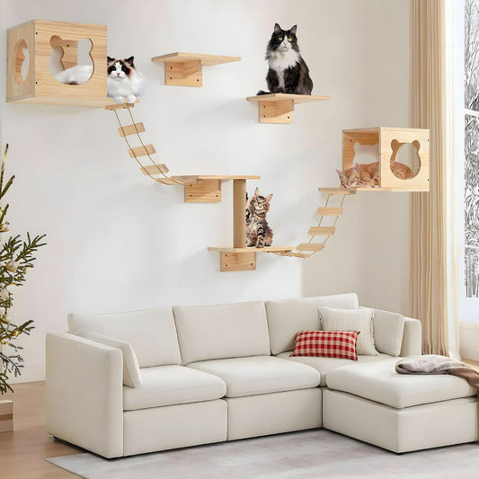 🐱 Natural Wood Cat Wall Furniture | DIY Climbing Shelves, Condo, Ladder & Scratching Post 🌿🏡