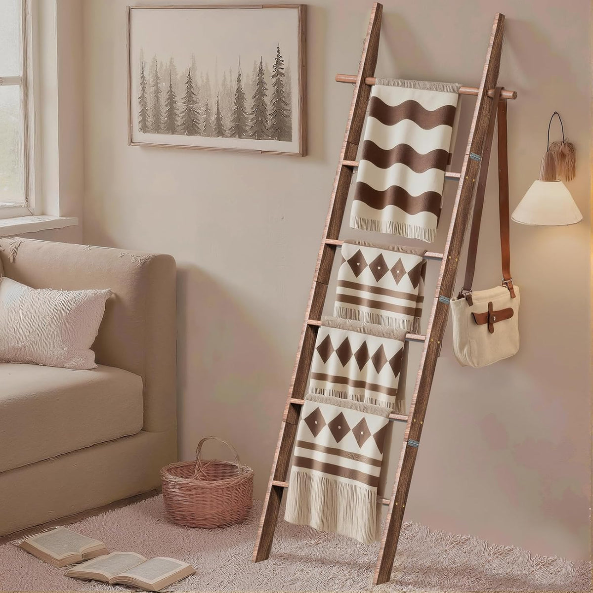 🪵 Rustic 6-Tier Wooden Blanket Ladder with 5 Removable Hooks | Farmhouse Towel, Quilt & Throw Display Rack for Cozy Home Decor 🌿