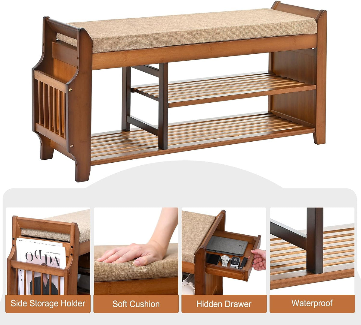 🏡 Rustic Bamboo Entryway Shoe Bench | 2-Tier Shoe Storage with Hidden Drawer & Soft Cushion 🌿✨