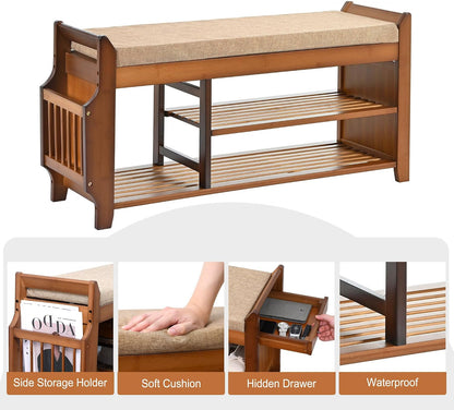 🏡 Rustic Bamboo Entryway Shoe Bench | 2-Tier Shoe Storage with Hidden Drawer & Soft Cushion 🌿✨