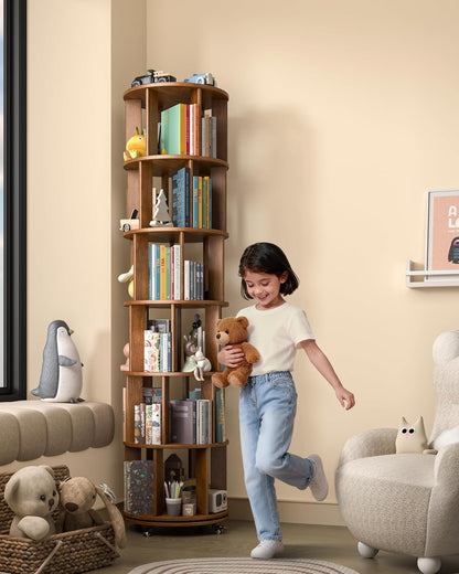 📚 6-Tier 360° Rotating Bookshelf with Wheels | Space-Saving Spinning Bookcase for Cozy Home Storage ✨