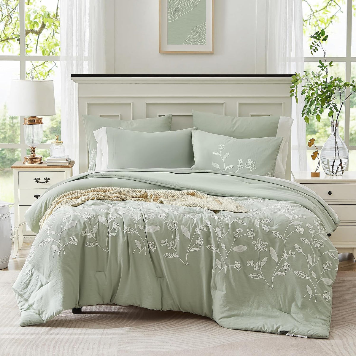 🌿 Boho Farmhouse Embroidered Comforter Set | 7-Piece Cozy Western Bedding Collection 🤎✨