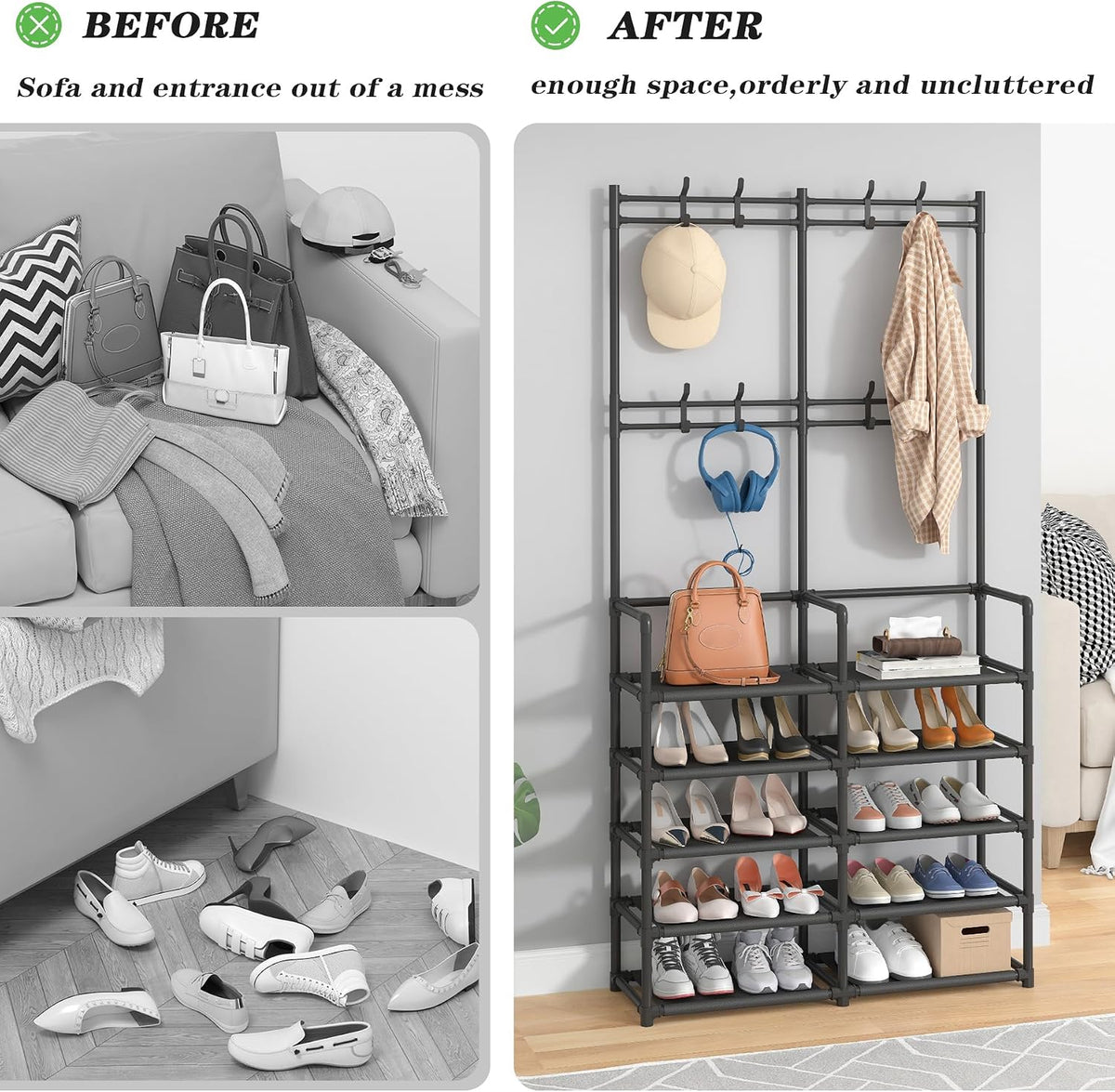 🏡 5-Tier Entryway Coat & Shoe Rack with 8 Hooks | Space-Saving Hall Tree Organizer for Shoes, Bags & Coats ✨