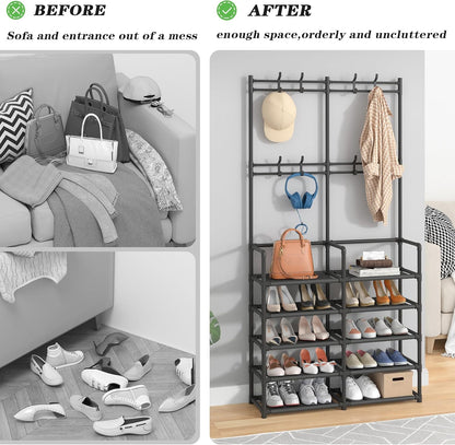 🏡 5-Tier Entryway Coat & Shoe Rack with 8 Hooks | Space-Saving Hall Tree Organizer for Shoes, Bags & Coats ✨