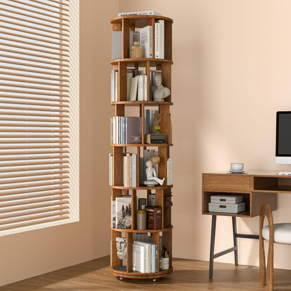 📚 6-Tier 360° Rotating Bookshelf with Wheels | Space-Saving Spinning Bookcase for Cozy Home Storage ✨