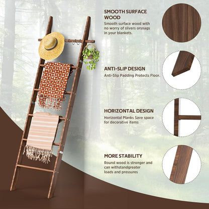 🪵 Rustic 6-Tier Wooden Blanket Ladder with 5 Removable Hooks | Farmhouse Towel, Quilt & Throw Display Rack for Cozy Home Decor 🌿