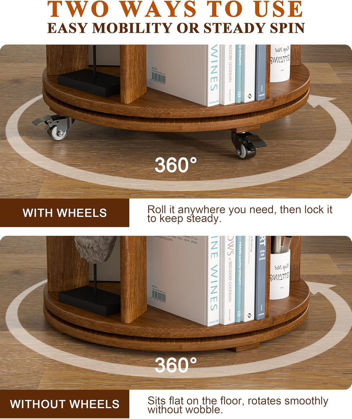 📚 6-Tier 360° Rotating Bookshelf with Wheels | Space-Saving Spinning Bookcase for Cozy Home Storage ✨
