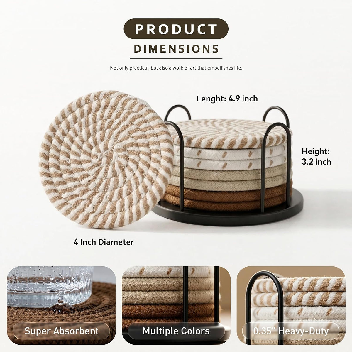 ☕ Cozy Cotton Linen Drink Coasters Set of 8 | Absorbent Non-Slip Table Protectors with Holder for Coffee Table, Kitchen & Home Bar ✨