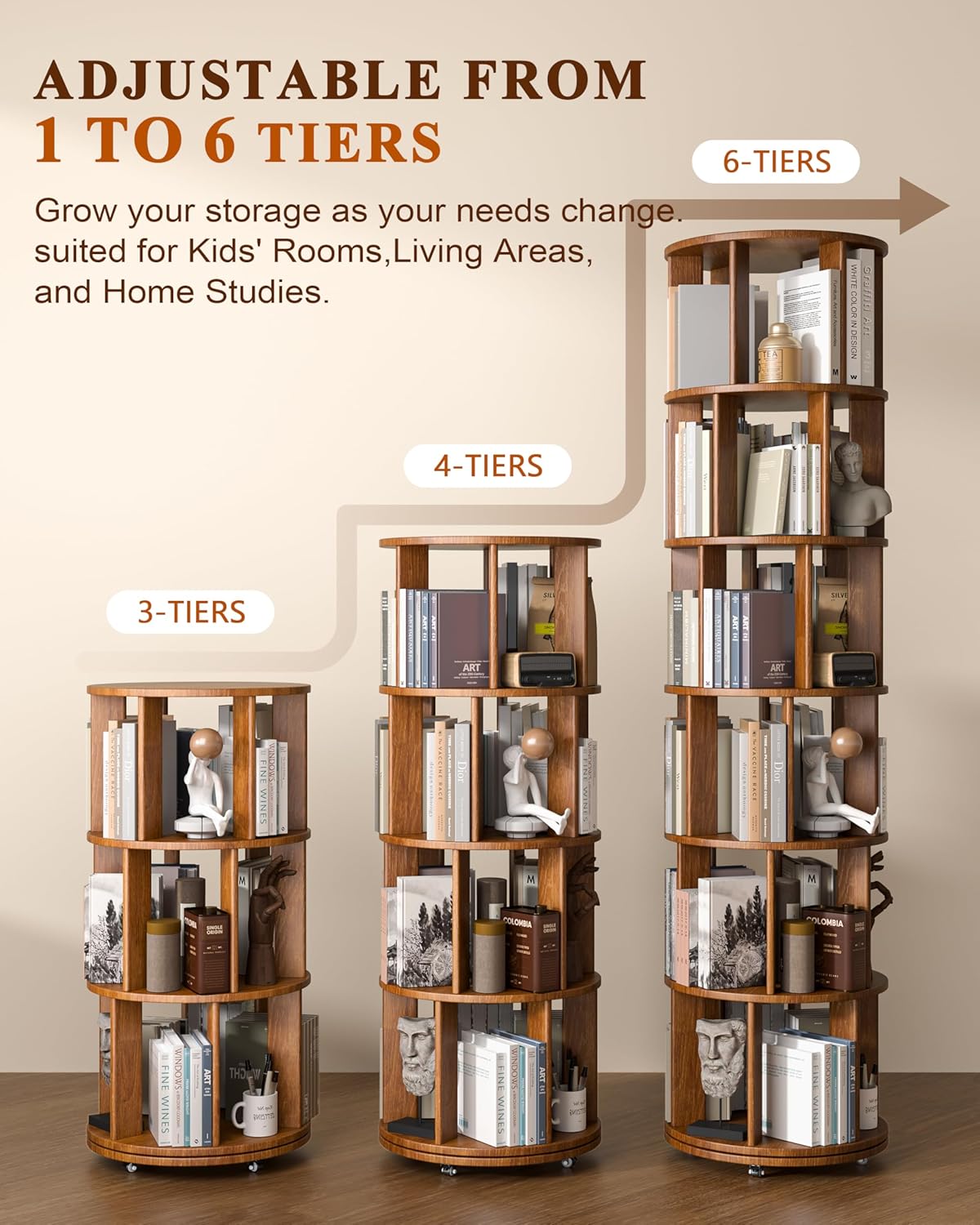 📚 6-Tier 360° Rotating Bookshelf with Wheels | Space-Saving Spinning Bookcase for Cozy Home Storage ✨
