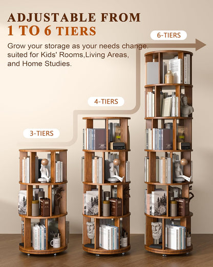 📚 6-Tier 360° Rotating Bookshelf with Wheels | Space-Saving Spinning Bookcase for Cozy Home Storage ✨