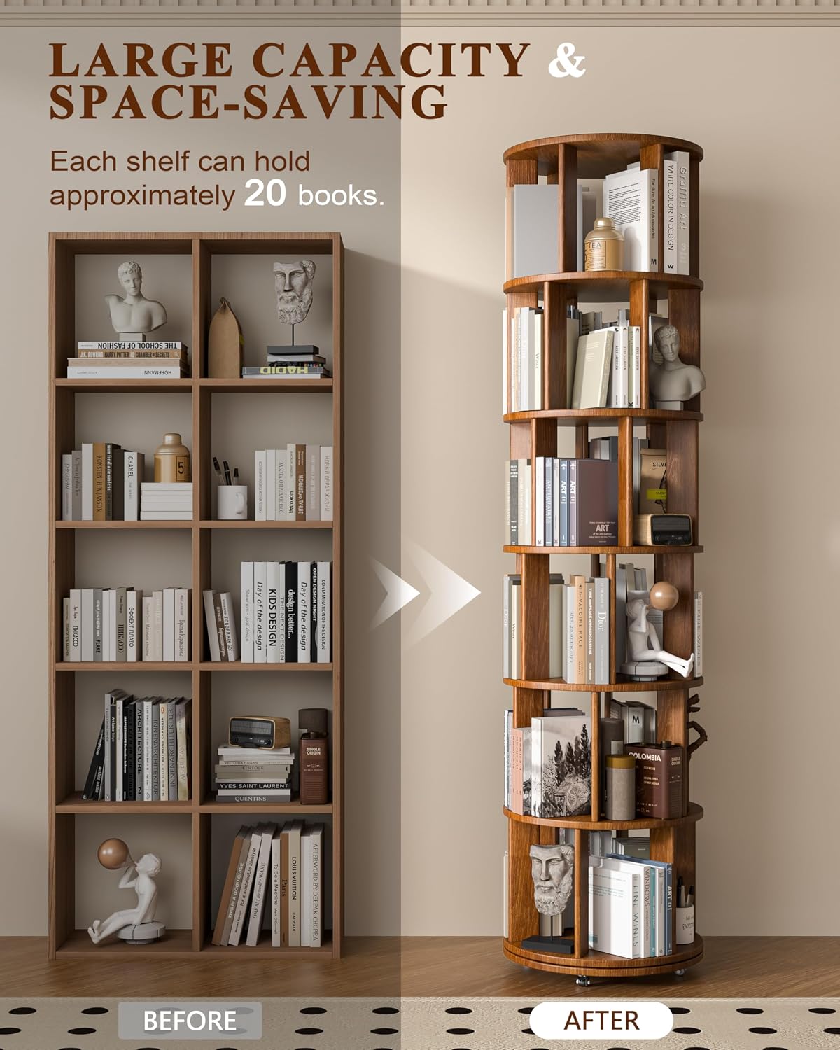 📚 6-Tier 360° Rotating Bookshelf with Wheels | Space-Saving Spinning Bookcase for Cozy Home Storage ✨
