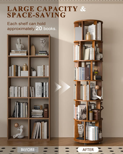 📚 6-Tier 360° Rotating Bookshelf with Wheels | Space-Saving Spinning Bookcase for Cozy Home Storage ✨