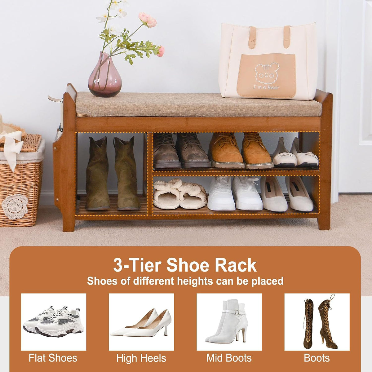 🏡 Rustic Bamboo Entryway Shoe Bench | 2-Tier Shoe Storage with Hidden Drawer & Soft Cushion 🌿✨