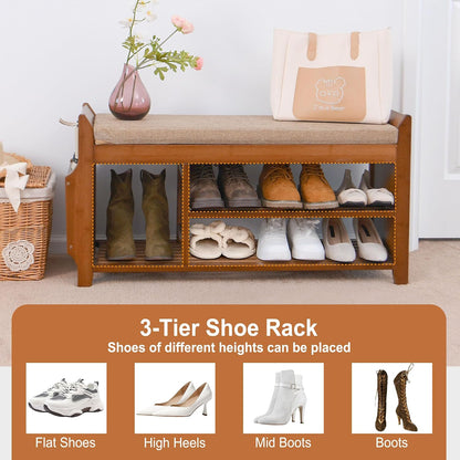 🏡 Rustic Bamboo Entryway Shoe Bench | 2-Tier Shoe Storage with Hidden Drawer & Soft Cushion 🌿✨