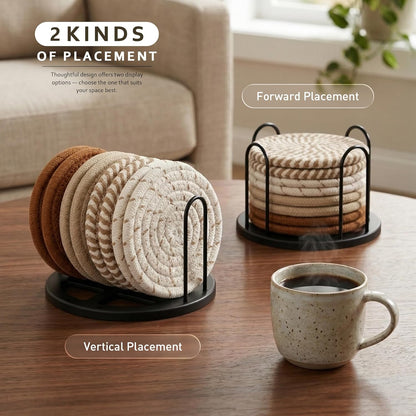 ☕ Cozy Cotton Linen Drink Coasters Set of 8 | Absorbent Non-Slip Table Protectors with Holder for Coffee Table, Kitchen & Home Bar ✨