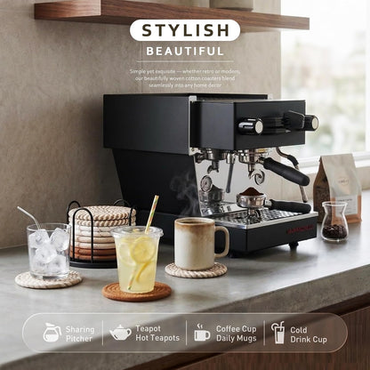 ☕ Cozy Cotton Linen Drink Coasters Set of 8 | Absorbent Non-Slip Table Protectors with Holder for Coffee Table, Kitchen & Home Bar ✨