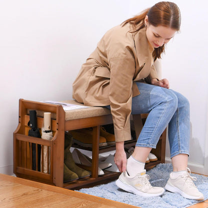 🏡 Rustic Bamboo Entryway Shoe Bench | 2-Tier Shoe Storage with Hidden Drawer & Soft Cushion 🌿✨