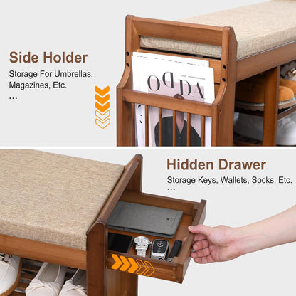 🏡 Rustic Bamboo Entryway Shoe Bench | 2-Tier Shoe Storage with Hidden Drawer & Soft Cushion 🌿✨
