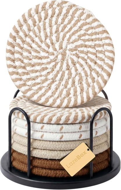 ☕ Cozy Cotton Linen Drink Coasters Set of 8 | Absorbent Non-Slip Table Protectors with Holder for Coffee Table, Kitchen & Home Bar ✨