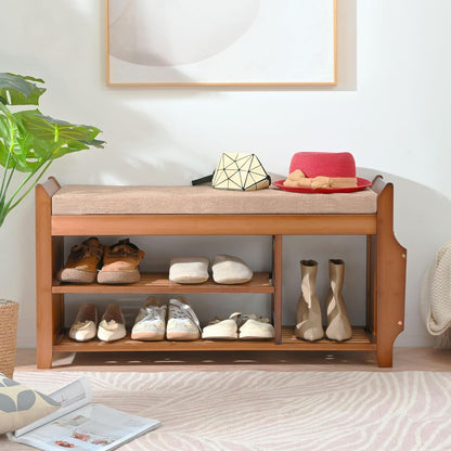 🏡 Rustic Bamboo Entryway Shoe Bench | 2-Tier Shoe Storage with Hidden Drawer & Soft Cushion 🌿✨