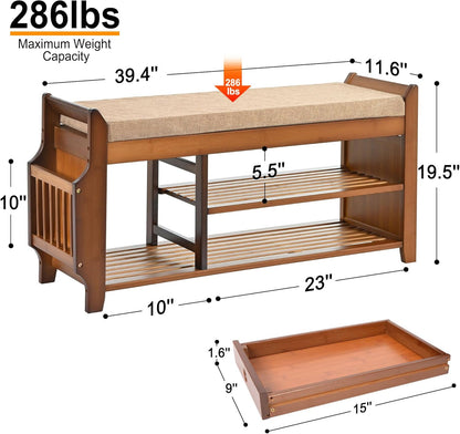 🏡 Rustic Bamboo Entryway Shoe Bench | 2-Tier Shoe Storage with Hidden Drawer & Soft Cushion 🌿✨
