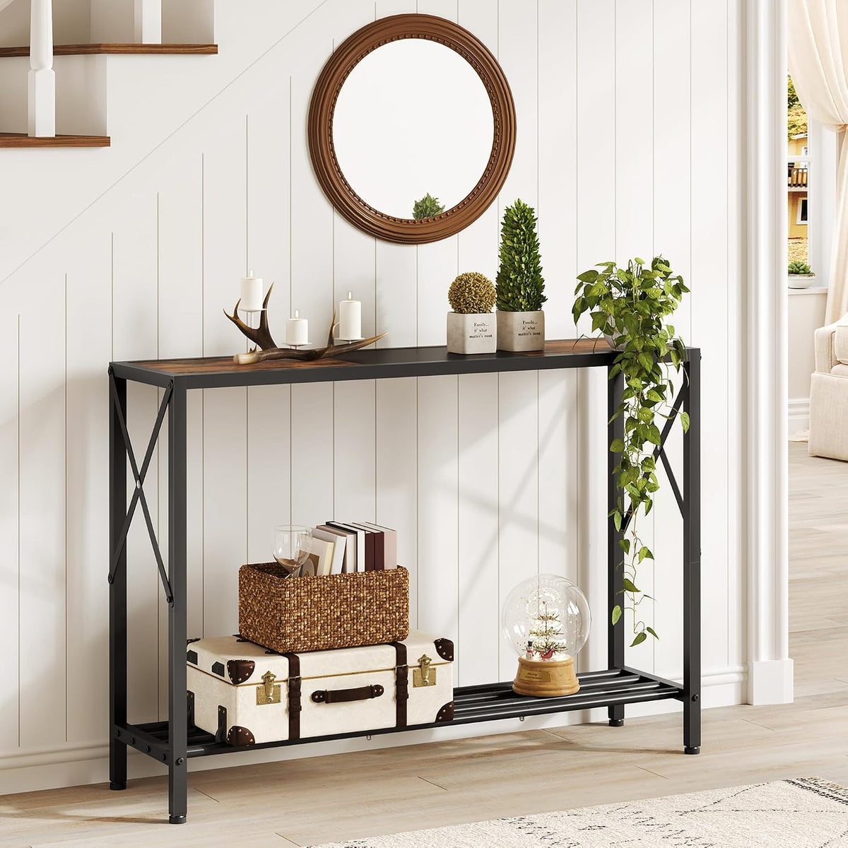 ✨ Rustic Industrial Console Table | 2-Tier Narrow Entryway & Sofa Table with Shelves 🏡